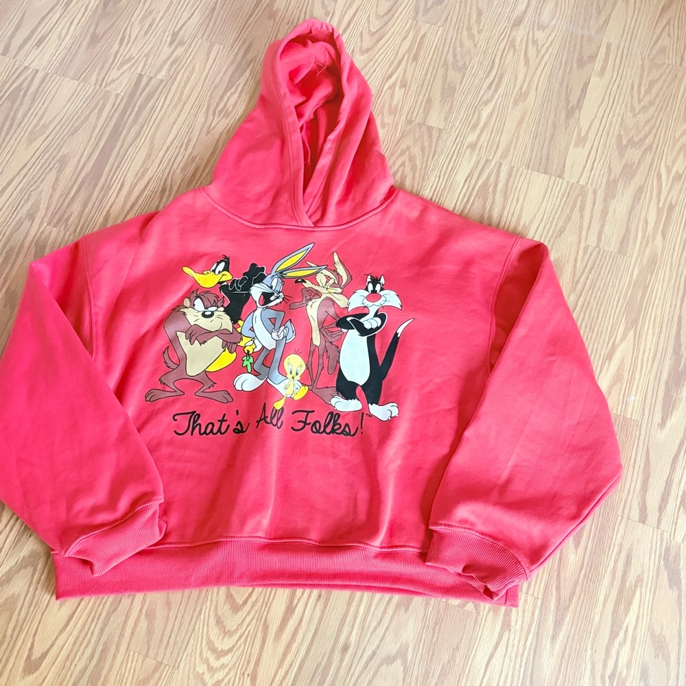 Looney Tunes Graphic Print Women’s Red Hoodie XL Pullover Fleece Top